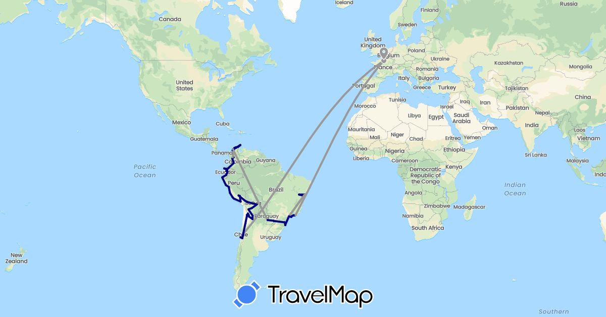 TravelMap itinerary: driving, plane in Argentina, Bolivia, Brazil, Chile, Colombia, Ecuador, France, Peru, Paraguay (Europe, South America)